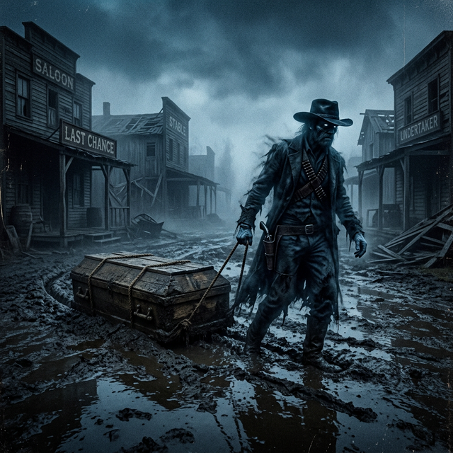 A spectral gunman dragging a coffin in the fog