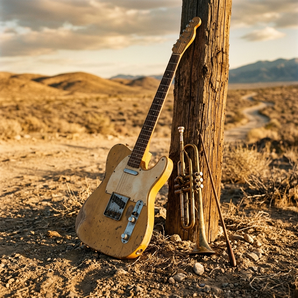 Dusty desert with a guitar and trumpet