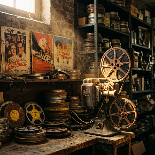 Vintage film reels and projector in an archive