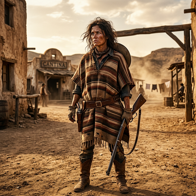 A gritty female gunfighter in a poncho